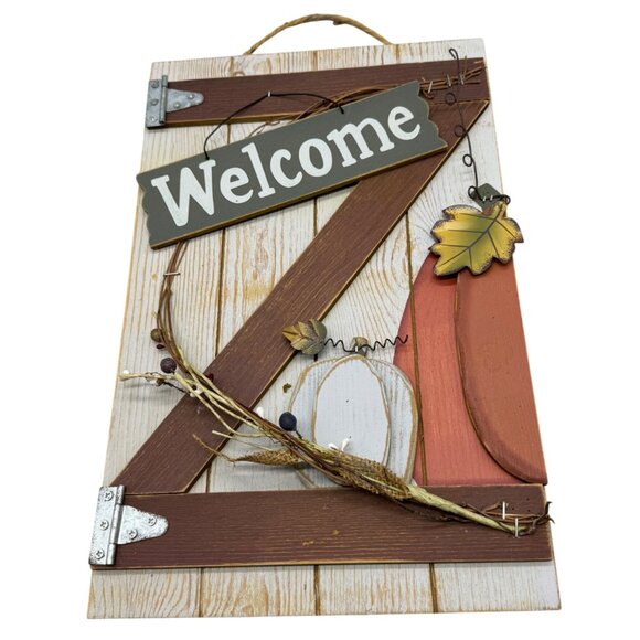 Rustic Autumn Welcome Sign With Pumpkin & Leaf Design fall 10x16" barn door READ - Picture 1 of 7